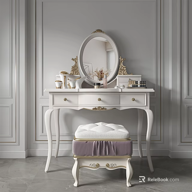White Dressing Table With Gold Accents Cosmetics Decorative Items And Padded Stool Interior 3d model