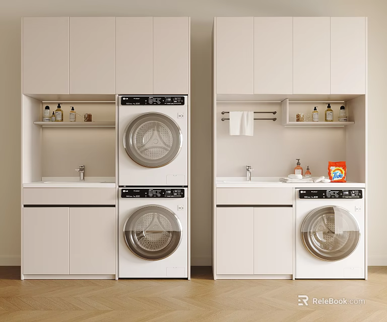 Modern Bathroom Cabinet Unit With Stacked Washing Machines Sink And Toiletries Shelves 3d model 