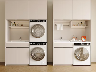 Modern Bathroom Cabinet Unit With Stacked Washing Machines Sink And Toiletries Shelves 3d model