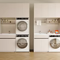 Modern Bathroom Cabinet Unit With Stacked Washing Machines Sink And Toiletries Shelves