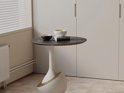 Black Countertop Side Table With White Shutters And Cabinets Two Bowls And Book On Top 3d model