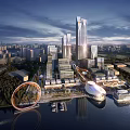 Integrated Modern Commercial Complex With High Rise Towers And Riverfront Landscape