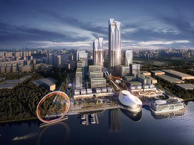 Integrated Modern Commercial Complex With High Rise Towers And Riverfront Landscape 3d model