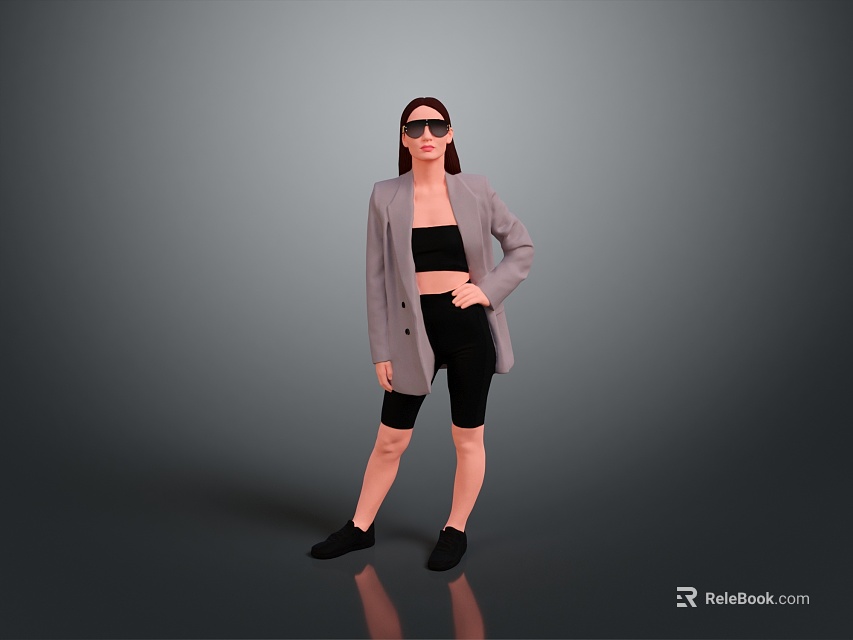 Stylish Woman Posing In Gray Blazer Black Crop Top Shorts And Sunglasses 3d model 