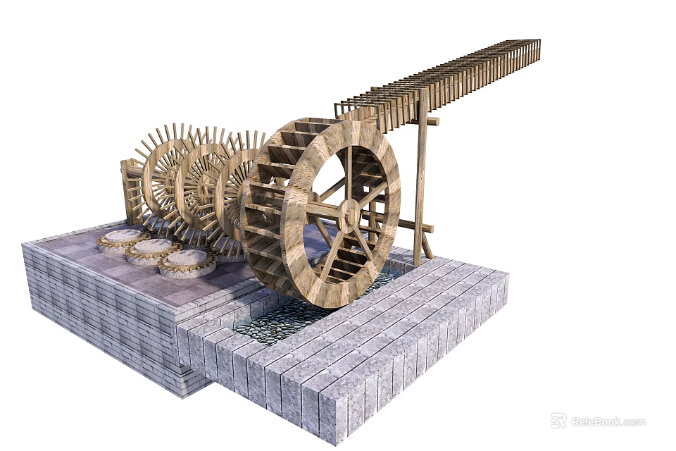 Garden Ornament Featuring Wooden Water Wheel Gears And Stone Base With Water Flow 3d model 