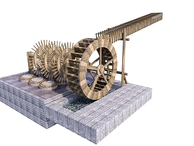 Garden Ornament Featuring Wooden Water Wheel Gears And Stone Base With Water Flow 3d model