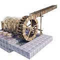 Garden Ornament Featuring Wooden Water Wheel Gears And Stone Base With Water Flow