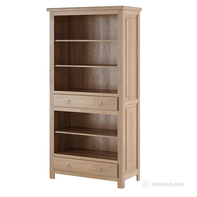 Modern Natural Wood Bookcase With Open Shelves And Drawer Storage Design 3d model 