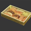 Fresh Sashimi in Wooden Box with Various Fish Slices Green Garnish and Yellow Pickled Ginger