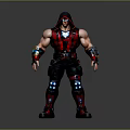 Hooded Muscular Character In Red And Black Outfit With Glowing Blue Accents And Armored Parts