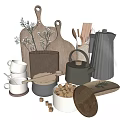 Natural Material Modern Kitchen Utensils Including Wooden Cutting Boards Spoons Kettle Teapot And Ceramic Cups