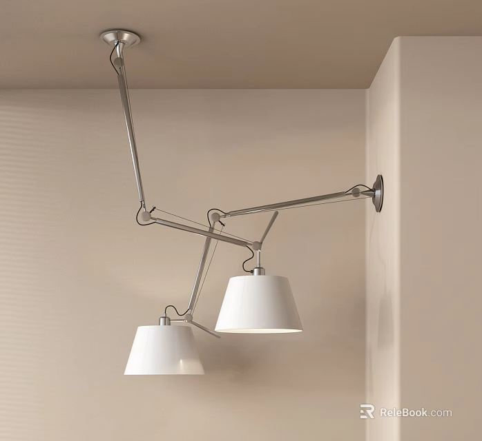 Modern Adjustable Wall Lamp With Two White Lampshades And Metal Arm Mounted On Beige Wall 3d model 