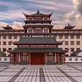 Traditional Ancient Architectural Structure with Multiple Tiered Roof Red Pillars Symmetrical Design and Paved Square