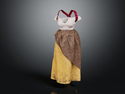 Traditional Apron Style Dress With Red Straps White Top And Brown Yellow Skirt 3d model