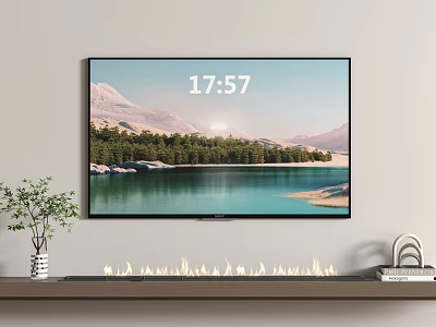 Wall Mounted Television Showing Mountain Lake Sunset Landscape With Shelf Plants Flame Decor And Books 3d model