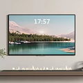 Wall Mounted Television Showing Mountain Lake Sunset Landscape With Shelf Plants Flame Decor And Books