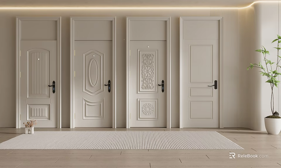 White Swing Doors With Various Carved Patterns And Simple Panel Designs In Modern Interior 3d model