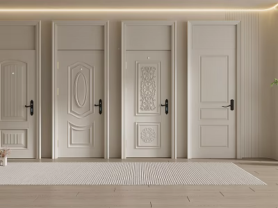 White Swing Doors With Various Carved Patterns And Simple Panel Designs In Modern Interior 3d model