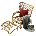 Rattan Leisure Chair with Red Cushion Striped Blanket and Matching Ottoman for Cozy Seating