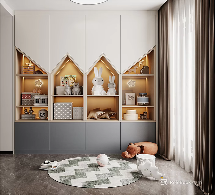 Kids Room With White Grey Storage Cabinet House Shaped Shelves Rabbit Dolls Toys And Rug 3d model 