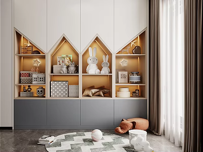 Kids Room With White Grey Storage Cabinet House Shaped Shelves Rabbit Dolls Toys And Rug 3d model