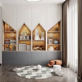 Kids Room With White Grey Storage Cabinet House Shaped Shelves Rabbit Dolls Toys And Rug
