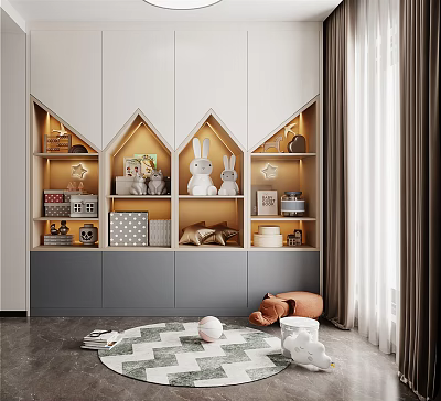Kids Room With White Grey Storage Cabinet House Shaped Shelves Rabbit Dolls Toys And Rug 3d model