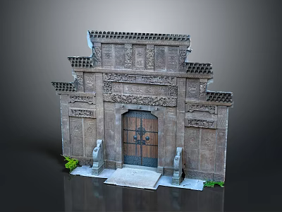 Traditional Chinese Architectural Gateway with Intricate Carvings Wooden Door Stone Lions Steps and Green Plants 3d model