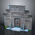 Traditional Chinese Architectural Gateway with Intricate Carvings Wooden Door Stone Lions Steps and Green Plants