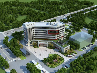 Multi Story Modern Hospital Building With Green Trees Landscaped Areas And Parking Spaces 3d model