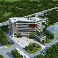 Multi Story Modern Hospital Building With Green Trees Landscaped Areas And Parking Spaces