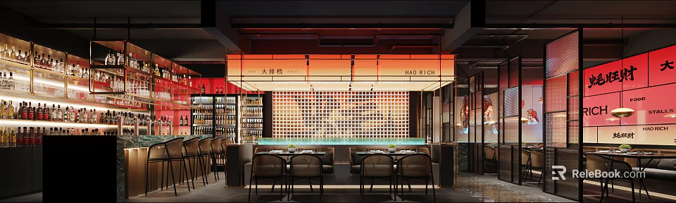 Elegant Restaurant Interior With Bar Counter Wine Racks Dining Tables And Warm Lighting 3d model 