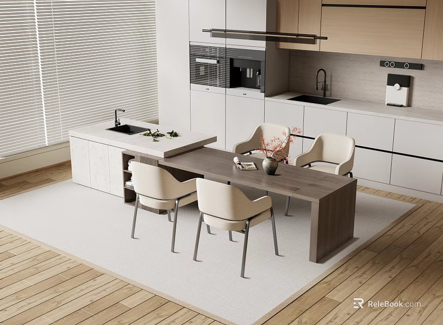 Modern Open Kitchen Interior Design With Stylish Bar Counter Dining Chairs And Cabinets 3d model 