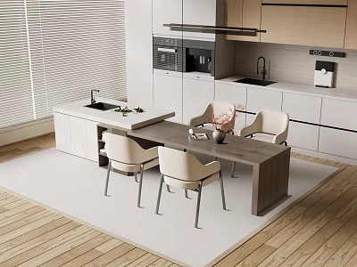 Modern Open Kitchen Interior Design With Stylish Bar Counter Dining Chairs And Cabinets 3d model