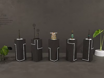 Stylish Black Display Shelves With White Edges And Decorative Ornaments And Green Plants 3d model