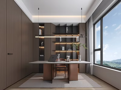 Modern Study Desk Combination Creative Bookcase Chandelier Carpet Ornaments Curtain Computer Invisible Door Wooden Decorative Wall Panel Modern Furniture 3d model