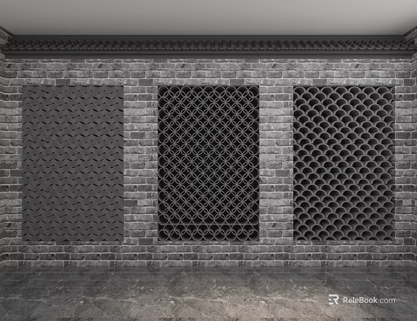 Traditional Building Exterior Wall With Gray Brick And Three Lattice Designs 3d model 
