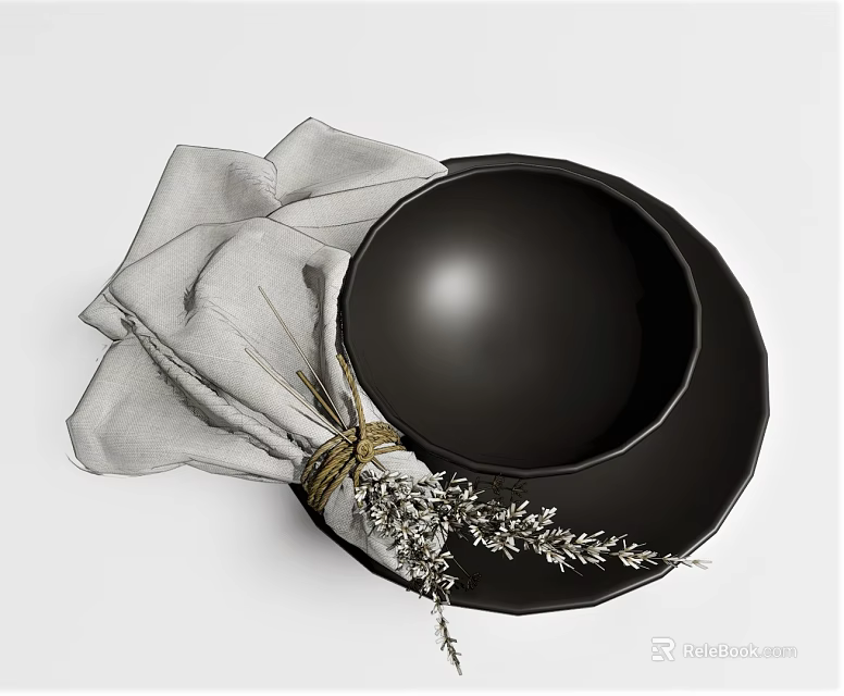 Elegant Tableware Set with Black Bowl White Napkin Golden Rope and Dried Lavender 3d model 