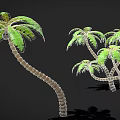 3D Model Palm Tree With Curved Knotted Trunks Green Leaves Torn Edges And Top Fruits