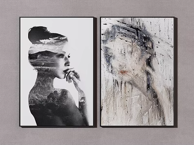 Two Art Paintings Featuring Black White Female Profile Landscape Background And Abstract Textured Dripping Effect 3d model