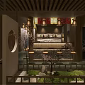 Traditional Japanese Restaurant Interior With Wooden Structure Hanging Lanterns Circular Decor Benches And Bar Stools