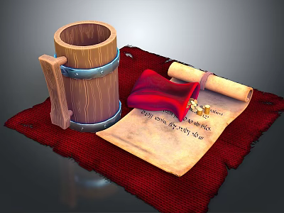 Vintage Medieval Scene With Wooden Mug Scroll Red Cloth And Coins 3d model