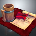 Vintage Medieval Scene With Wooden Mug Scroll Red Cloth And Coins