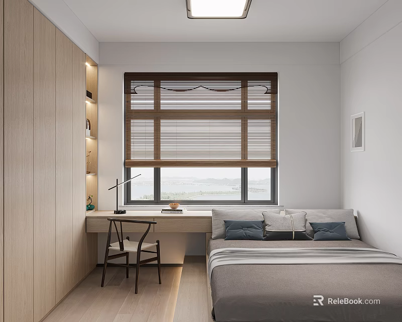 Tatami Bedroom Interior Design With Wooden Desk Chair Storage Cabinets And Window Blinds 3d model 
