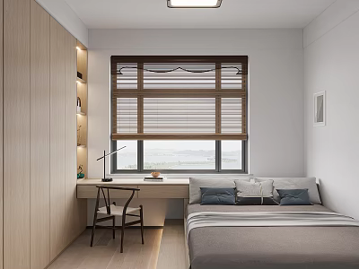 Tatami Bedroom Interior Design With Wooden Desk Chair Storage Cabinets And Window Blinds 3d model