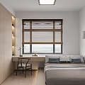Tatami Bedroom Interior Design With Wooden Desk Chair Storage Cabinets And Window Blinds