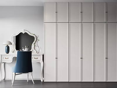 Modern Bedroom Interior With White Paneled Wardrobe Dressing Table Mirror And Blue Chair 3d model
