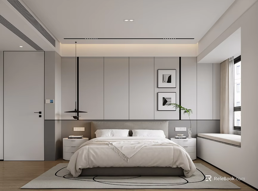 Modern Minimalist Bedroom Interior With White Bed Bedside Tables And Framed 3d model 