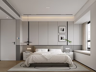 Modern Minimalist Bedroom Interior With White Bed Bedside Tables And Framed 3d model