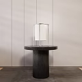 Round Black Wooden Side Table With Modern Table Lamp By White Walls Window 3d model